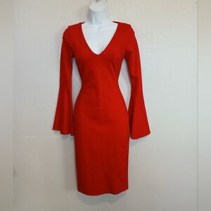 Just Me Red Long Flared Bell Sleeve Midi Pencil Dress Sheath Bodycon V Neck